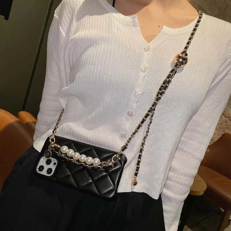 Xiaoxiangfeng imitation leather iPhone case with adjustable messenger strap and golden ball detail