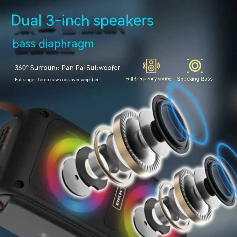 Portable Bluetooth speaker with colour light in black plastic shell, showing built-in speaker grille and button controls.