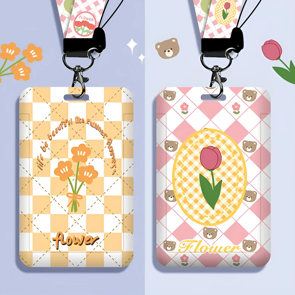 Student card identification set with plastic sleeve and hanging neck strap in cartoon design