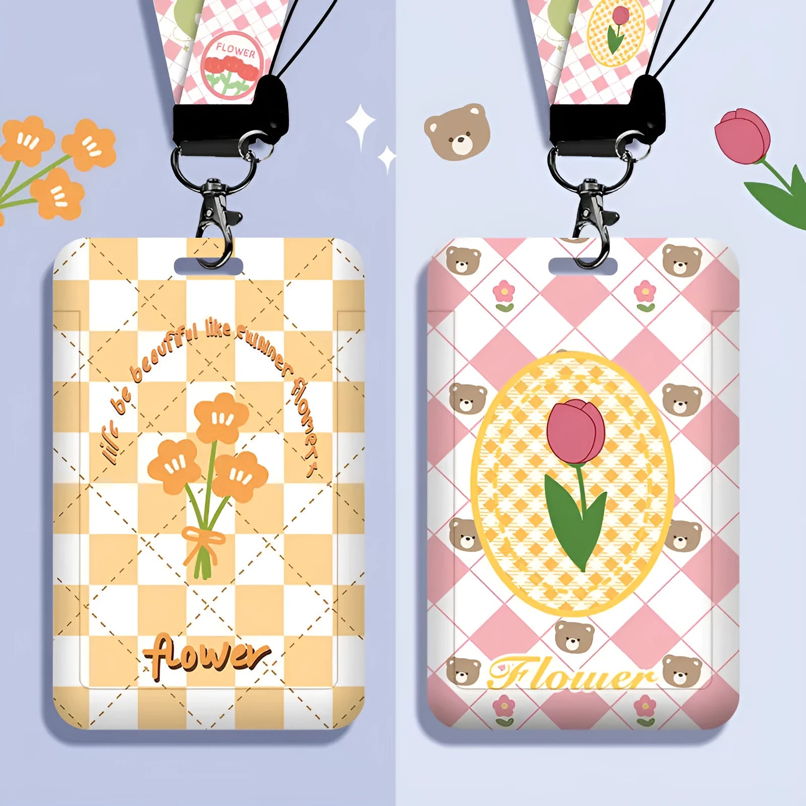 Student card identification set with plastic sleeve and hanging neck strap in cartoon design