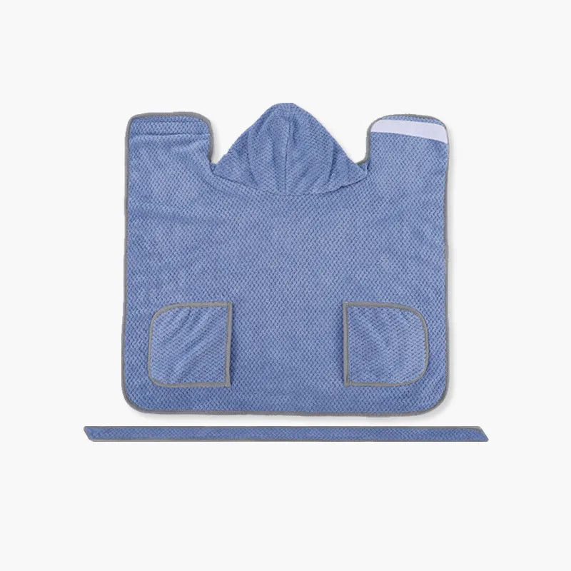 Blue dog bath robe with adjustable waistband fastened on a dog, showing absorbent fabric and sizing for drying.