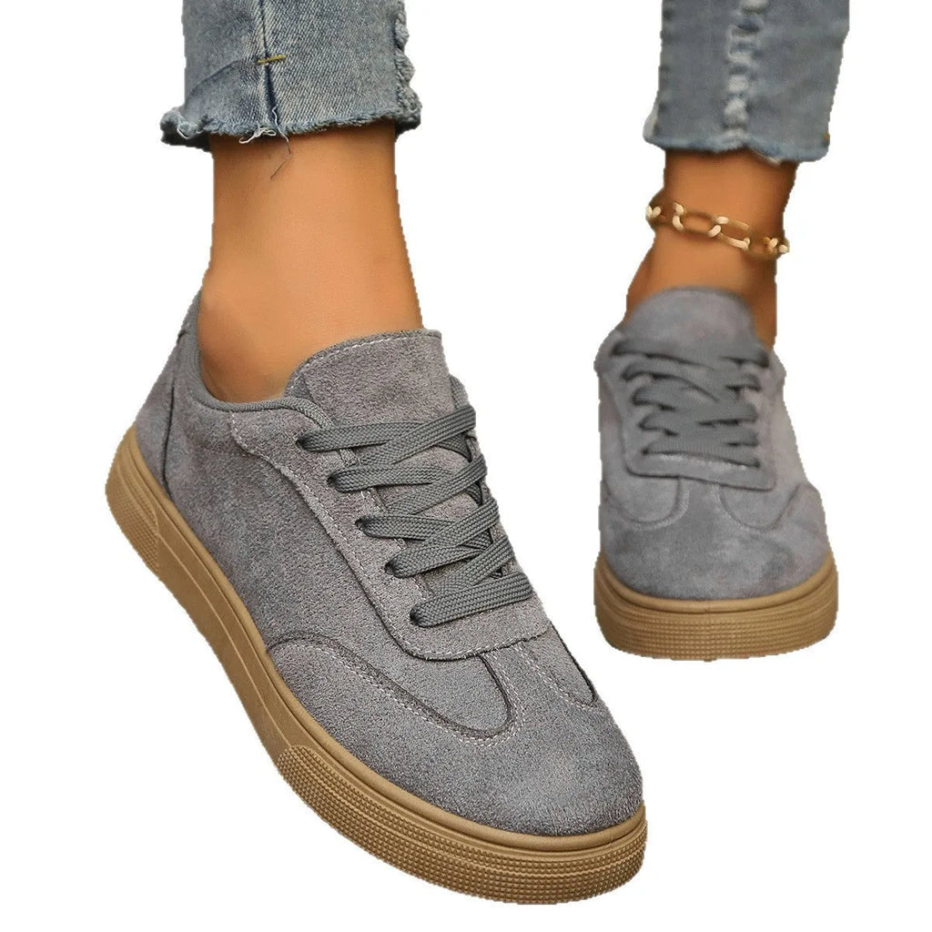 Khaki casual round toe lace up shoes for women with cross shoulder straps and low rubber sole