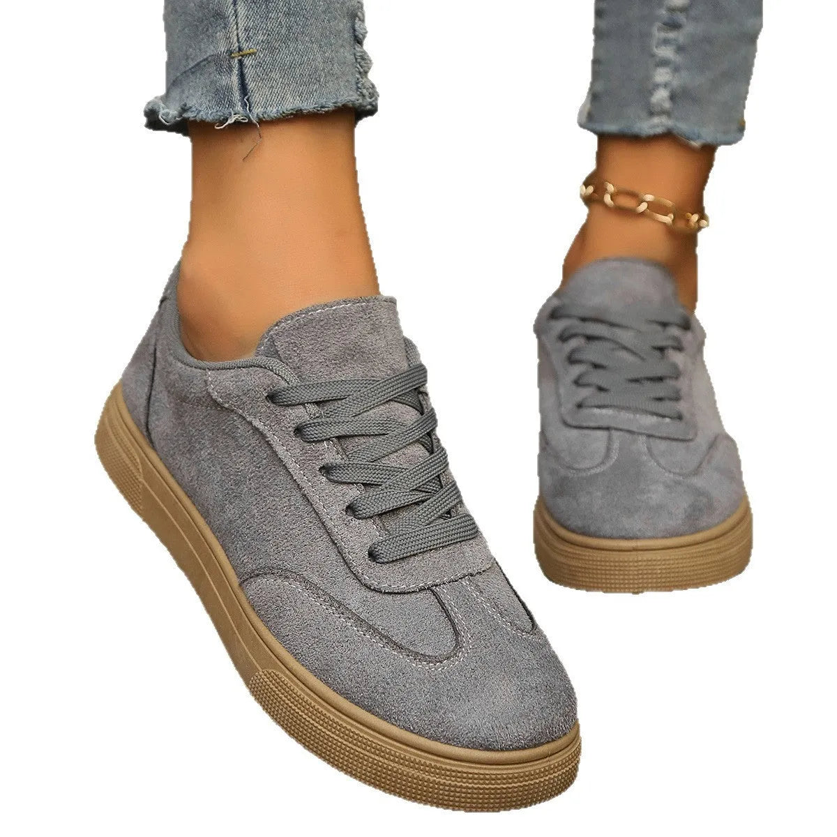Khaki casual round toe lace up shoes for women with cross shoulder straps and low rubber sole