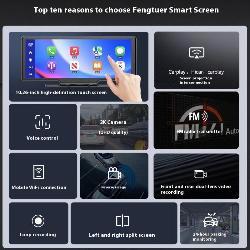 10 inch car touch screen with Carplay display showing navigation and driving recorder footage.