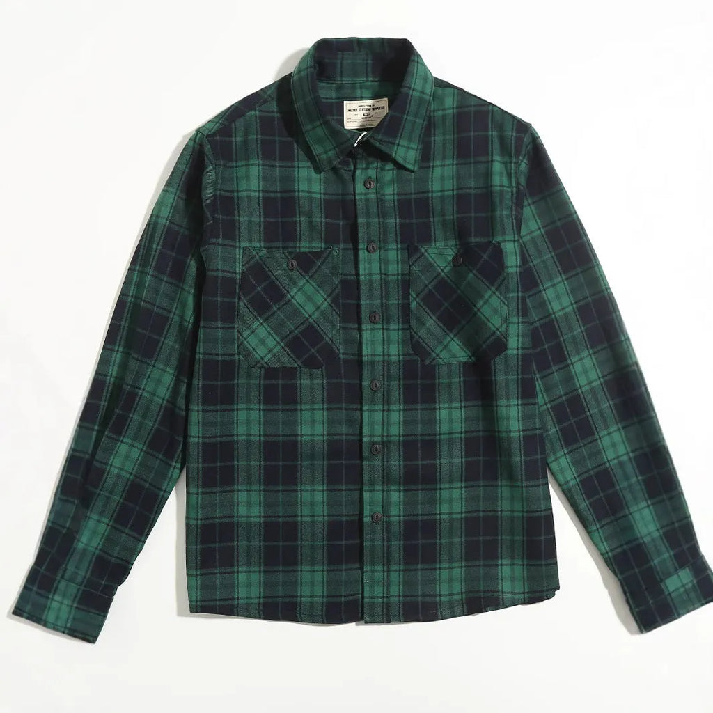 Men's thickened double pocket overalls long sleeve shirt in plaid pattern, loose cardigan fit, spandex blend, available in yellow