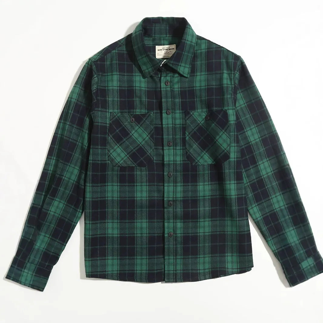 Men's thickened double pocket overalls long sleeve shirt in plaid pattern, loose cardigan fit, spandex blend, available in yellow