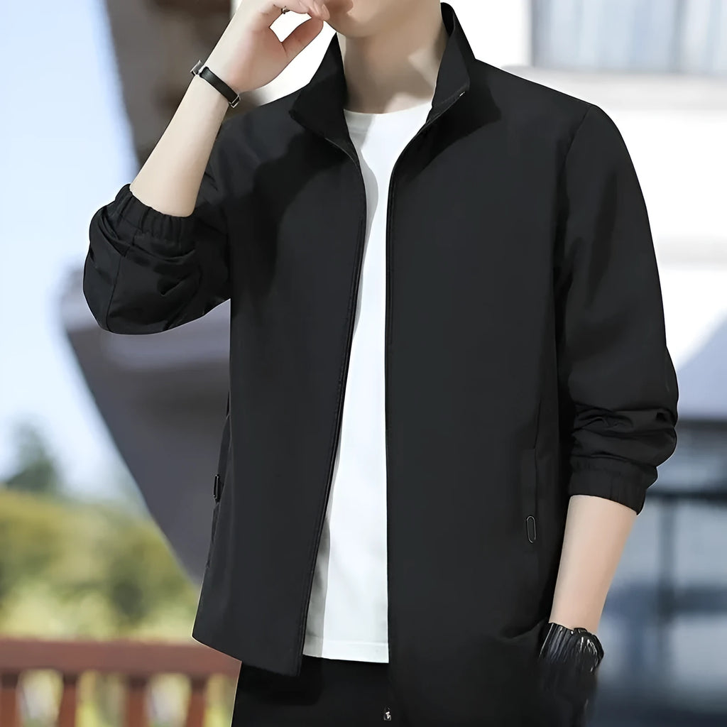 Korean style loose fit lapel jacket in blue, shown on a model