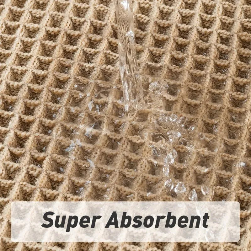 A square checkered pattern bathroom carpet with a non-slip backing in a neutral colour.