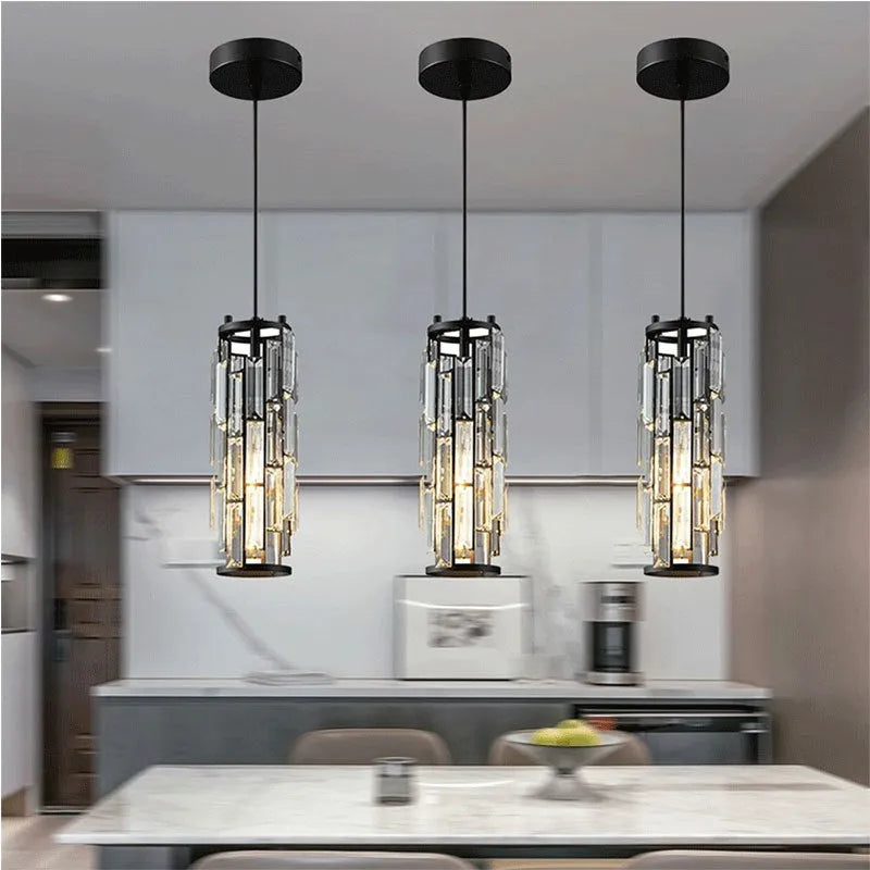 LED industrial crystal pendant light in black, gold, or chrome for dining room, aisle, or bedside, 220V