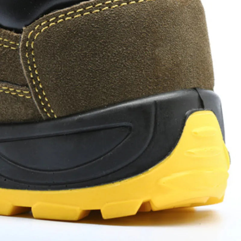 Men's bronze cowhide steel toe safety work boots with anti-skid sole.