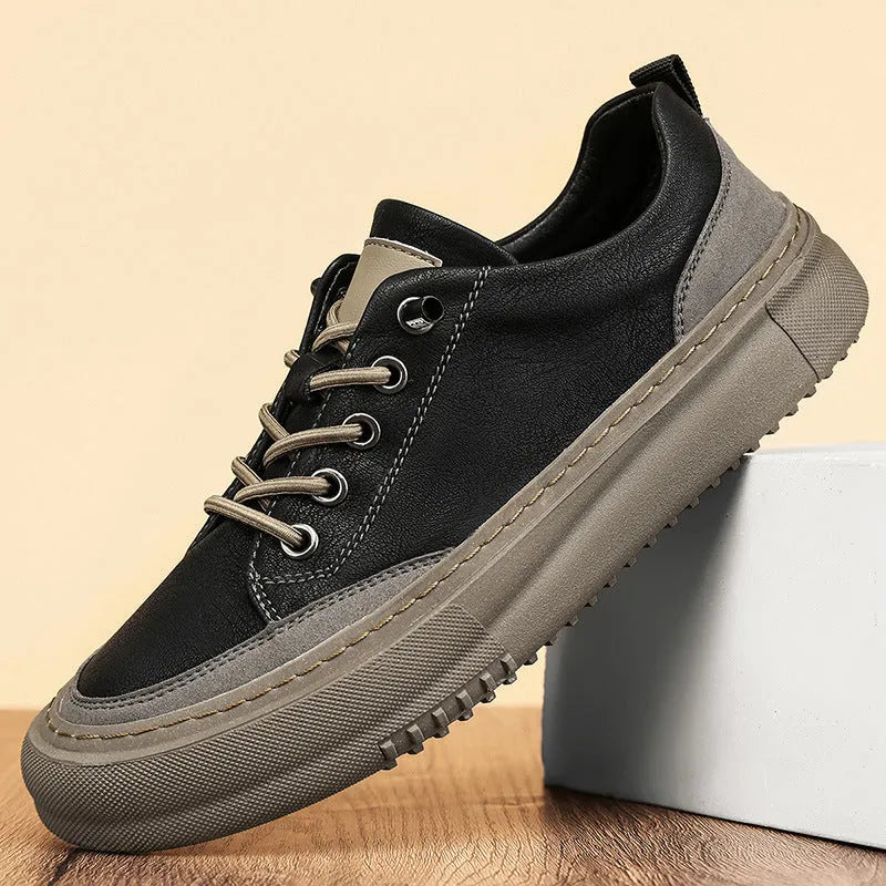 Men's black round toe lace-up casual shoes with a microfiber upper and flat rubber sole.