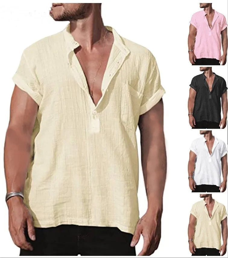 Loose 80% flax solid colour short sleeve shirt with stand neck and front pocket