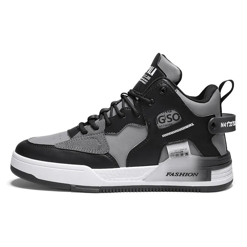 Men's high-top sports casual shoes with PU upper, mesh lining, and rubber sole in khaki, white, or black and gray