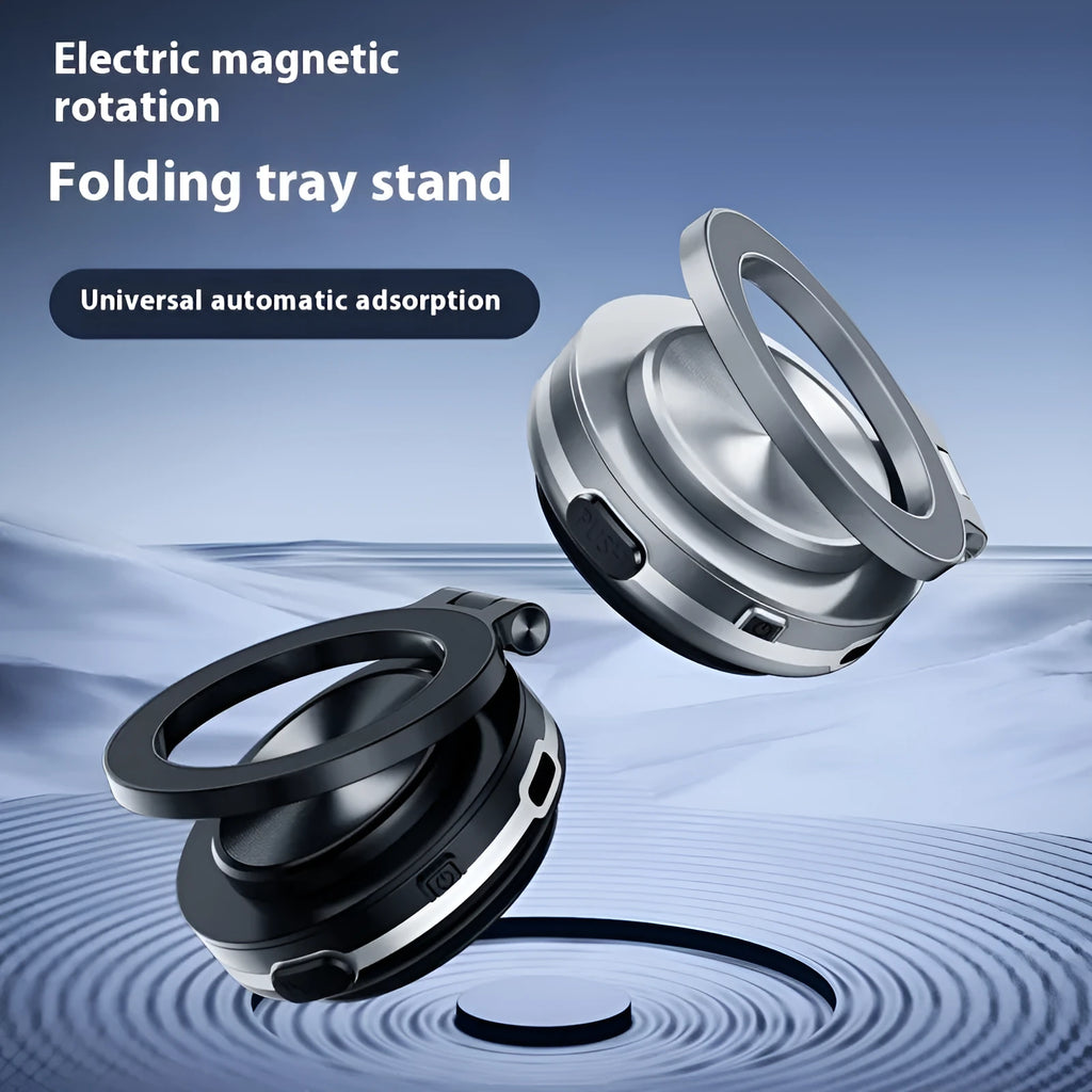 Magnetic vacuum adsorption car phone holder in black, silver, and pink colours shown on a car dashboard.