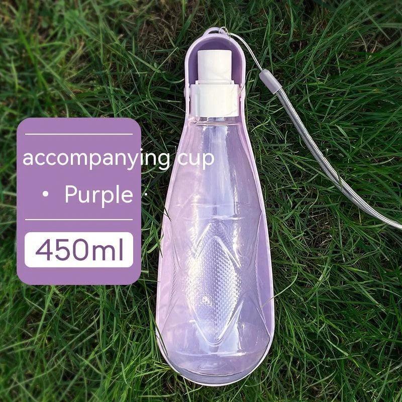 Portable outdoor dog water bottle with large 550ml capacity, available in various colors including lake blue, pink, and gray.