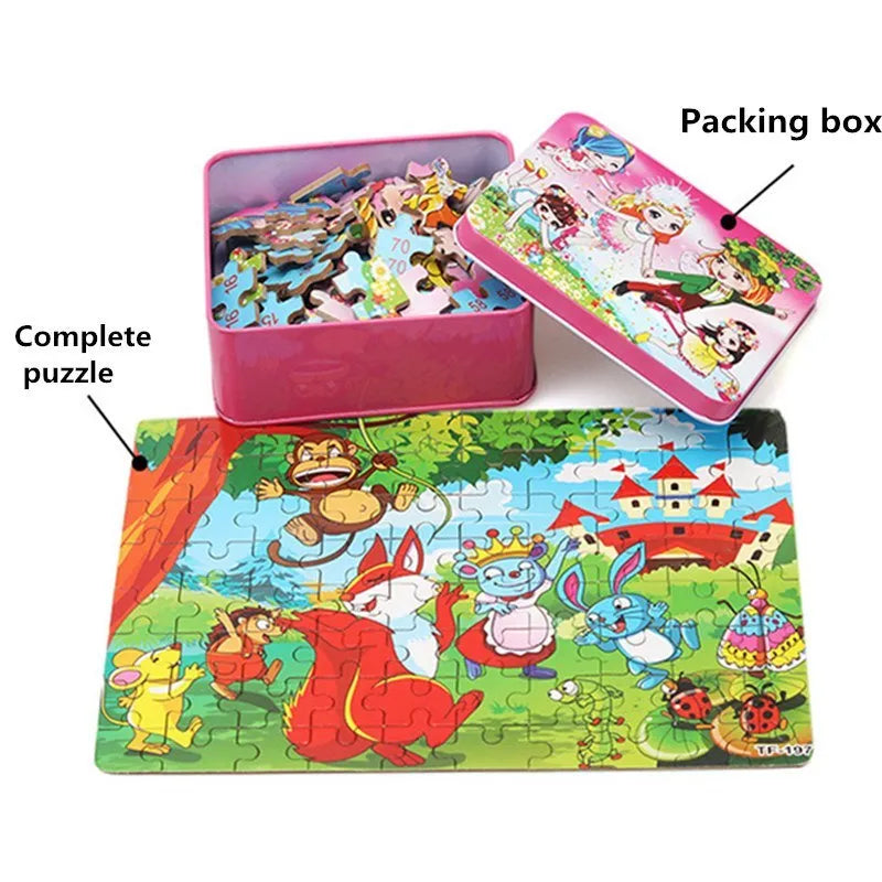 80-piece wooden educational puzzle set for children with animal designs in an iron storage box