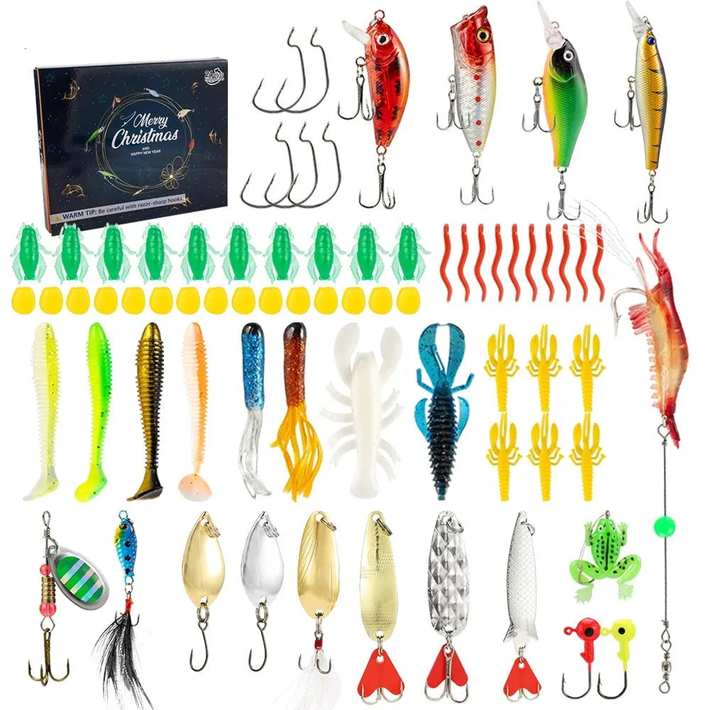 Mino Bog 24-piece Christmas fishing lure blind box set with metal lures and tackle box.