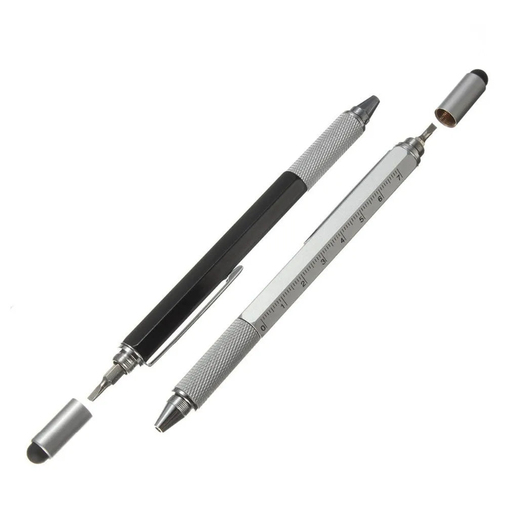 6 in 1 touch screen stylus ballpoint pen with spirit level, screwdriver tips, and scale