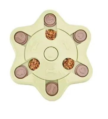 Dog eating interactive stuffy toy slow feed bowl in blue with non-slip base and small food sections