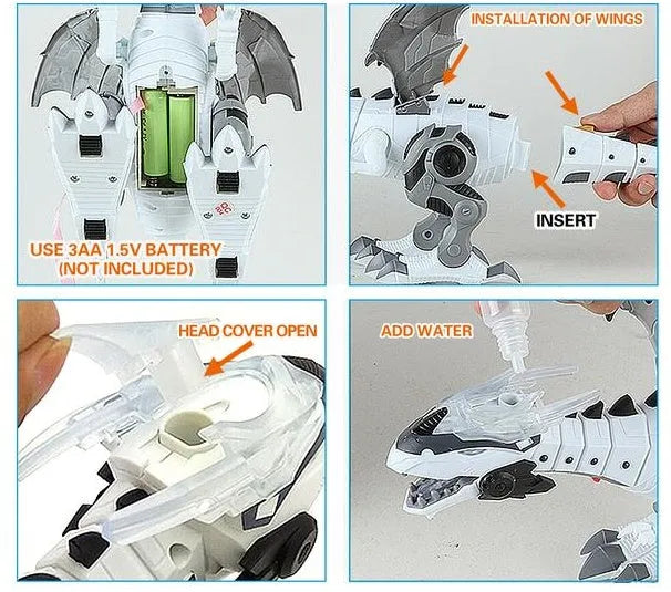 Intelligent robot toy dinosaur in white, spraying water mist with glowing light effects, walking on flat surface