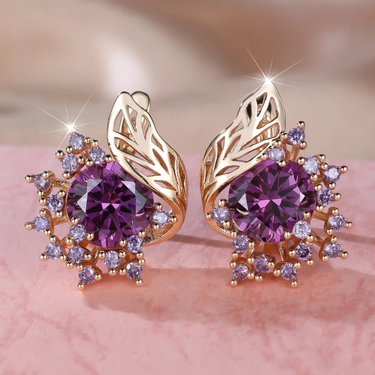 Round flower feather design zircon earrings in rose gold with six champagne gold colour options