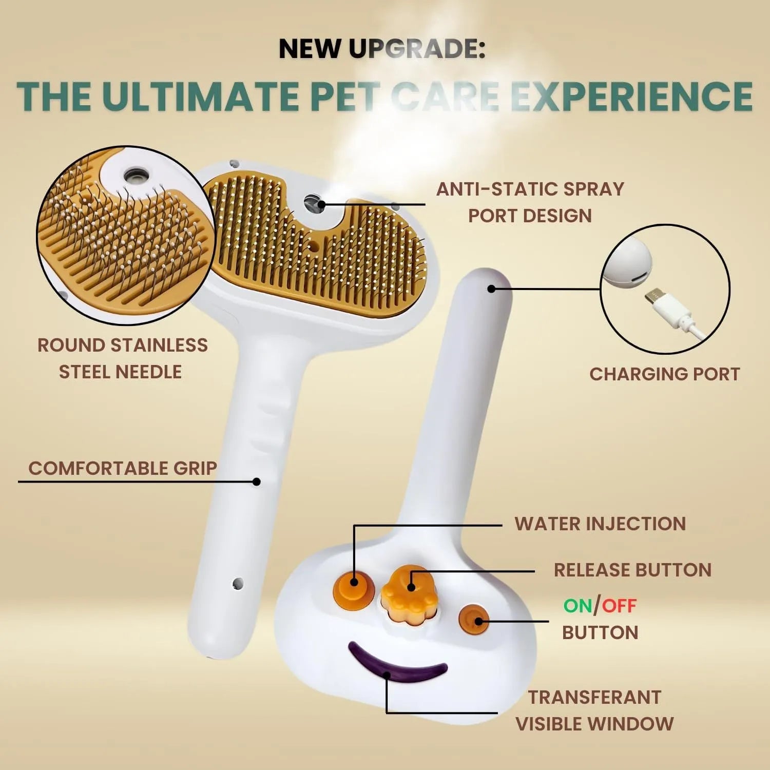 White pet grooming water brush with steam spray function for dogs and cats showing self-cleaning mechanism