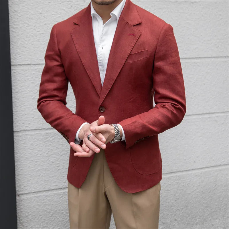 Pure linen men's slim fit double-breasted suit jacket in white or wine red, long sleeve, sizes M to 3XL