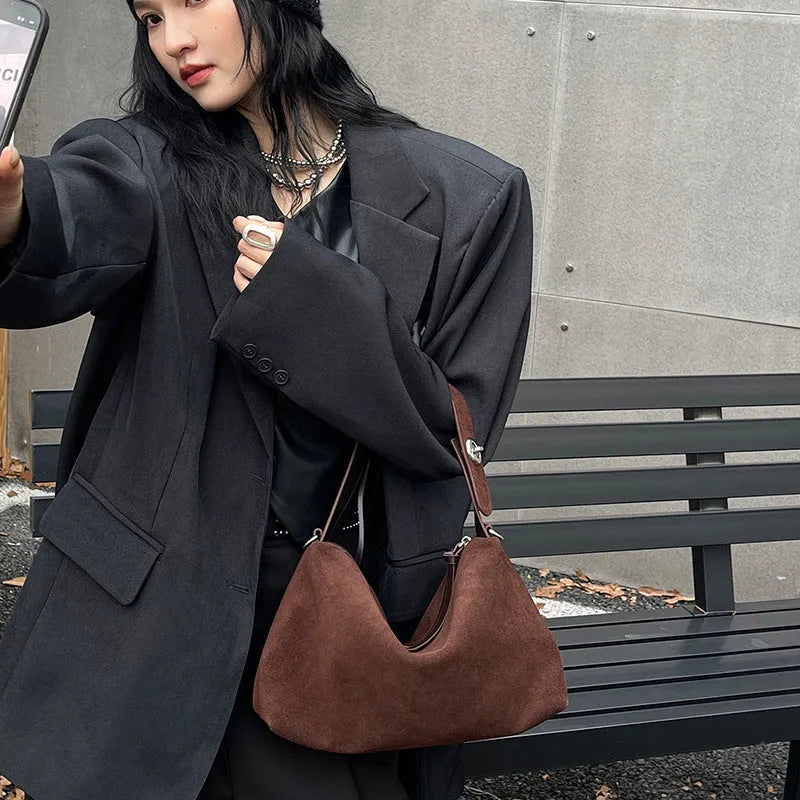 Women's genuine leather suede underarm baguette bag with sandwich pocket in deep coffee, 32x20x10cm
