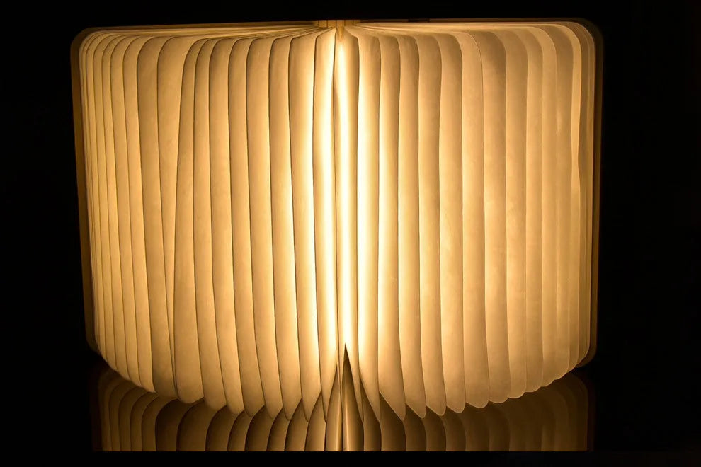 Folding LED book light with wooden cover and DuPont paper, 215x165x30mm, walnut colour, warm white light