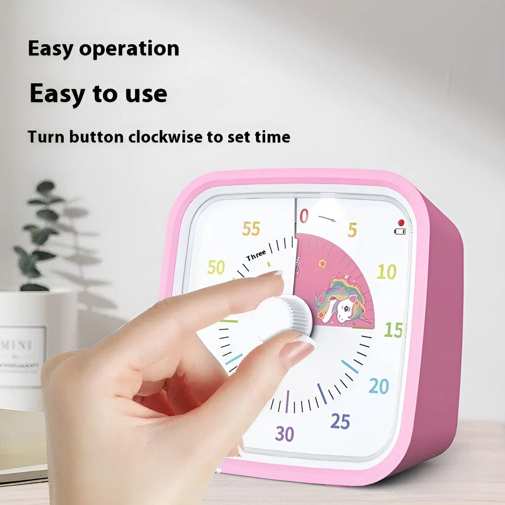 Anti-fall cartoon children's mute timer alarm clock with plastic shell, 10x10x6cm, rainbow lens design