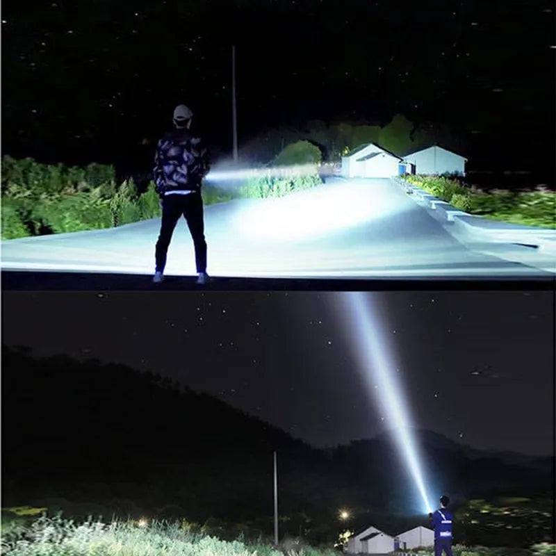 Black anodised aluminium LED flashlight with large head, showing tactical design and side switch