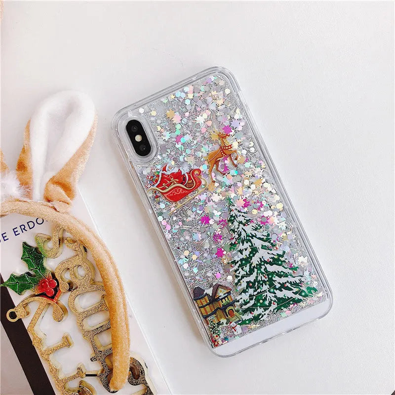 Quicksand effect transparent double-layer phone case for iPhone and Samsung models in various colours.