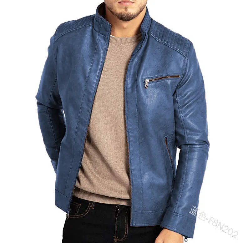 Men's brown artificial leather punk motorcycle jacket with a stand collar and patch pockets.