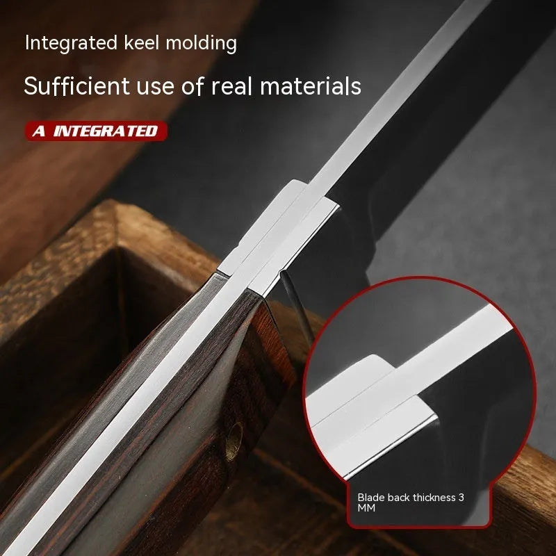 National style stainless steel camping fruit knife shown with its leather protective case.
