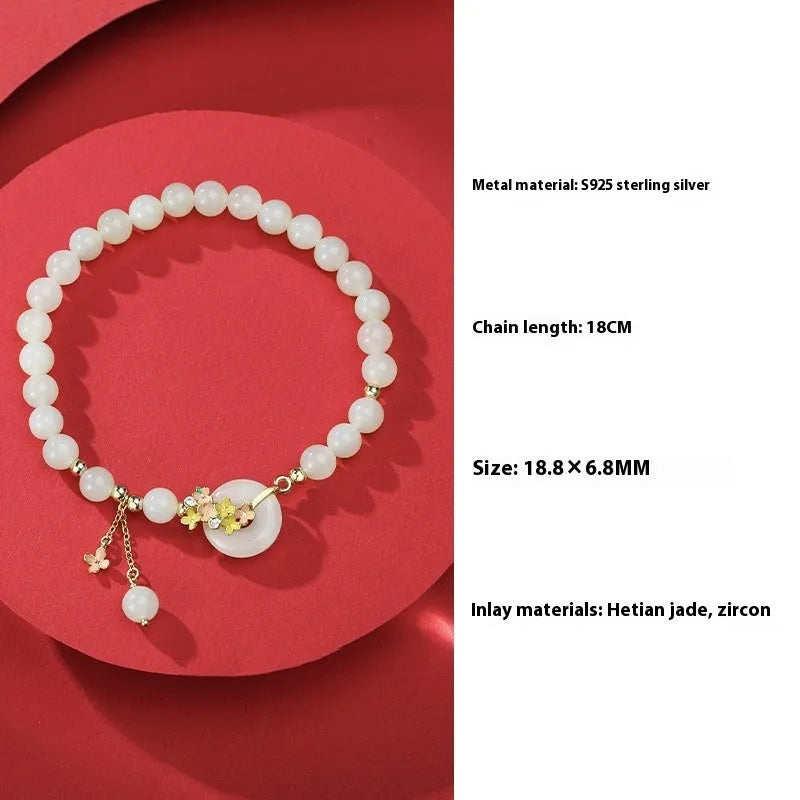 Osmanthus peace buckle bracelet with 6mm Hetian jade set in S925 sterling silver