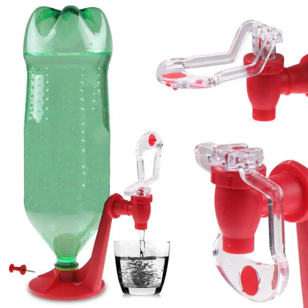 Red plastic Magic Tap soda dispenser attached to inverted 2-litre bottle for push-button drink serving