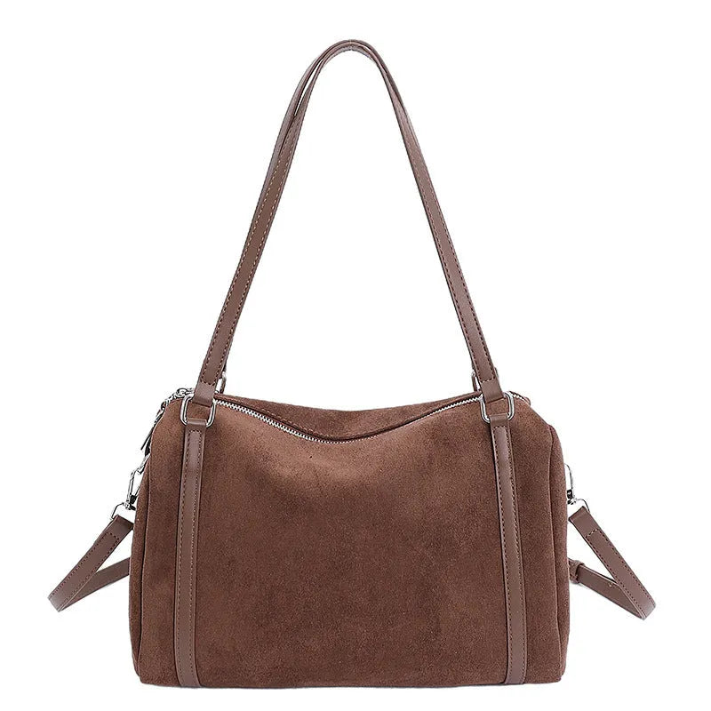 Women's suede-effect PU crossbody shoulder bag, large-capacity horizontal square, khaki brown green black