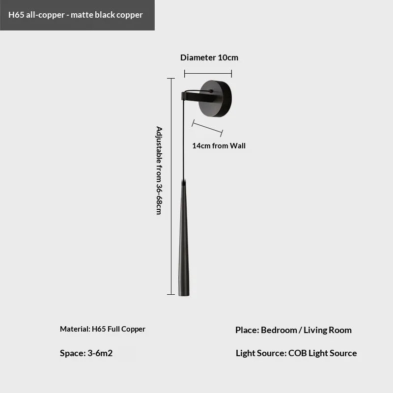 All-copper minimalist pendant wall lamp with 10cm x 14cm wall plate and 36-68cm adjustable drop in Bronze or Matte Black Gold