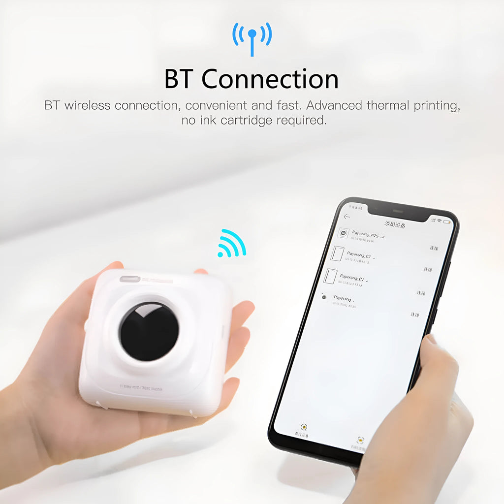 White pocket Bluetooth thermal label printer with USB charging, for home office labelling