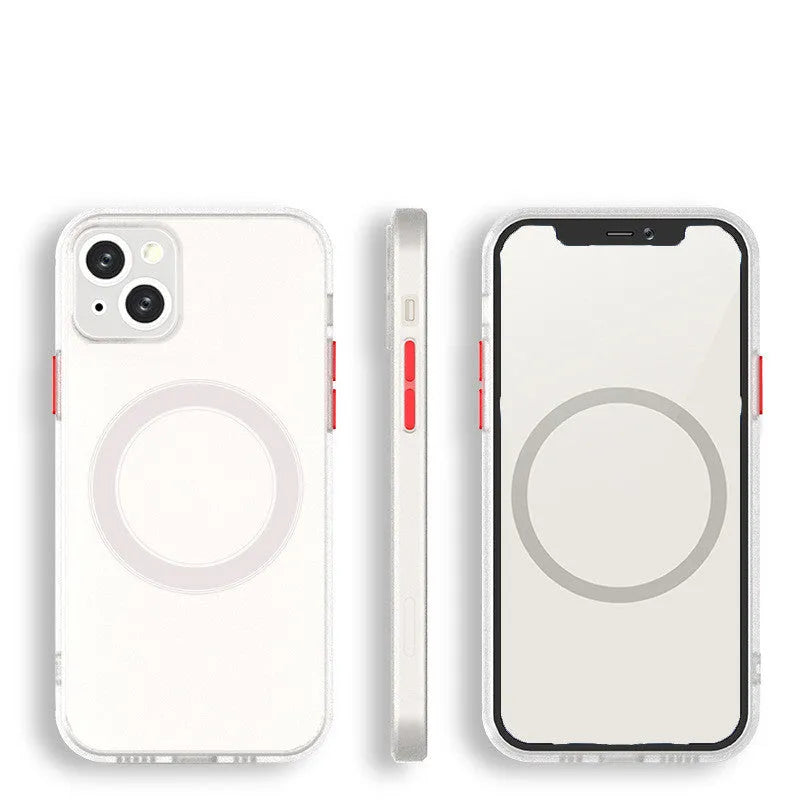 Magnetic phone case for iPhone 13 in black with PC back and TPU edges showing camera cutout