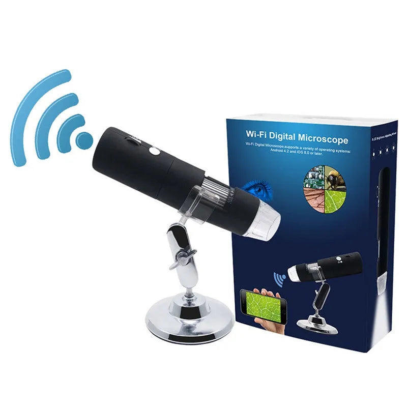 Black microscope magnifier camera phone with 1000x zoom and LED lights showing a sample on a phone screen