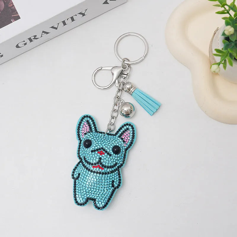 French dog rhinestone keychain with cartoon animal design and metallic electroplated finish