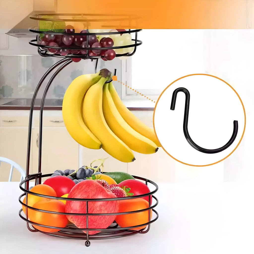 Black double-layer wrought iron fruit basket with two stacking tiers for fruit and vegetable storage