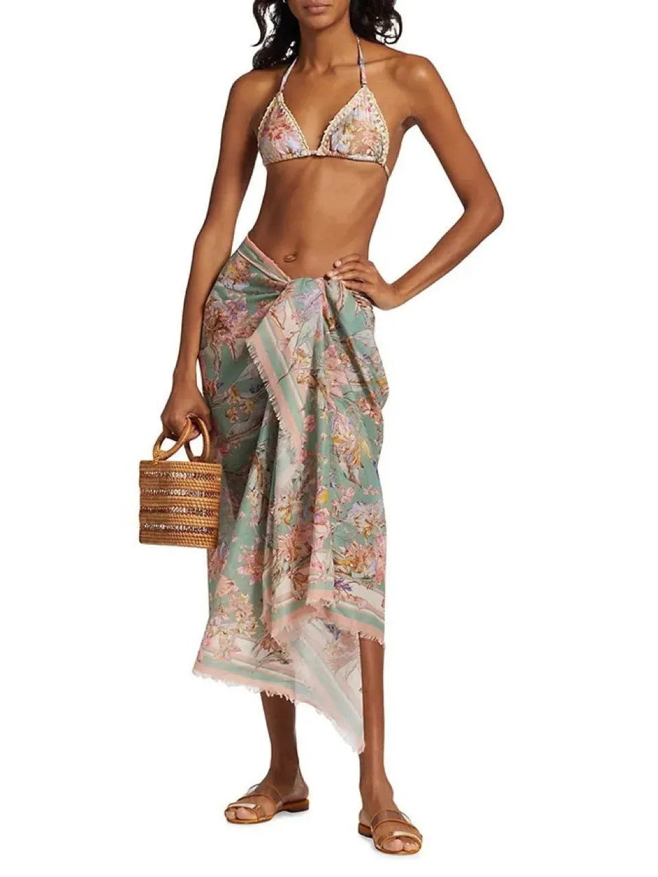 Women's creamy white floral bikini set with skirt in sizes S to XXL
