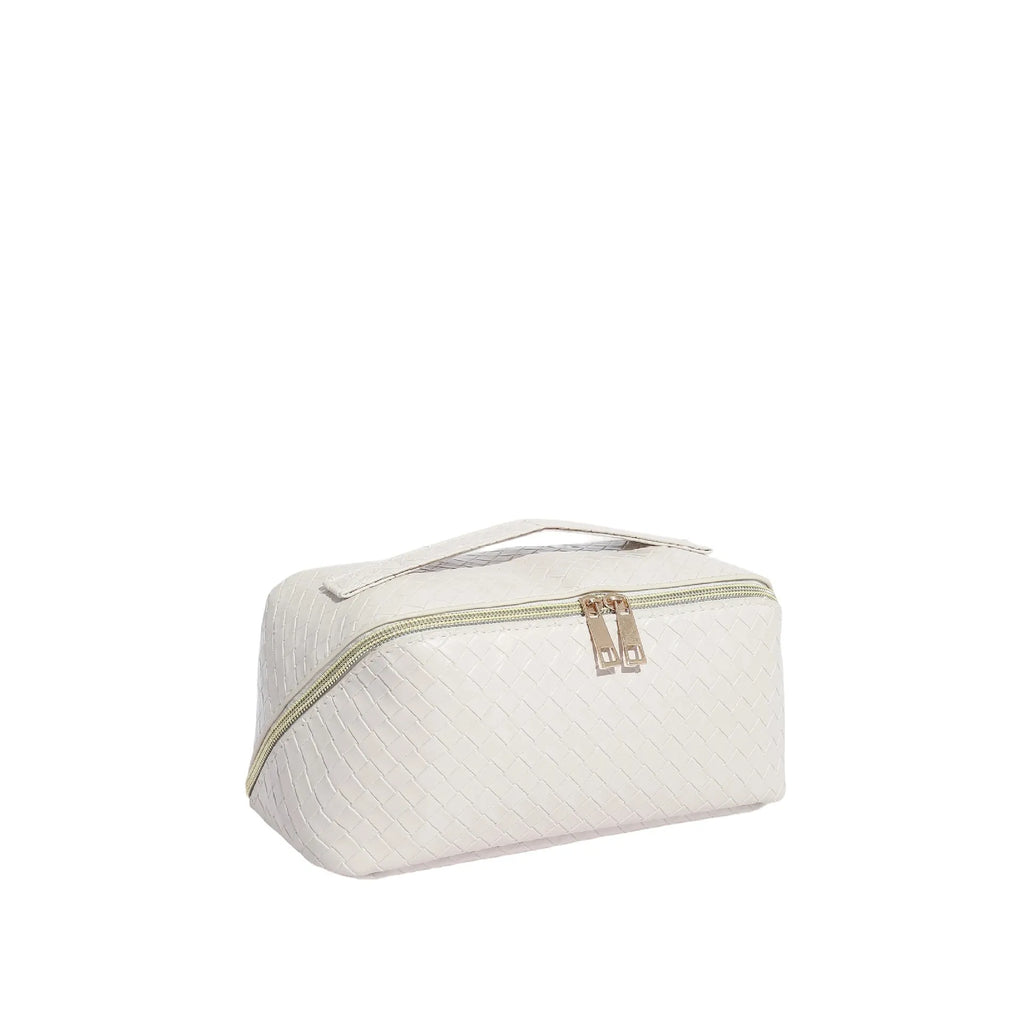 Waterproof PU storage bag in white, black, pink, green, or purple, large capacity, multifunctional, breathable, for cosmetics.