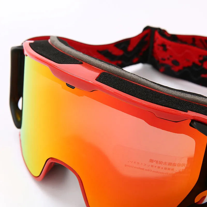 Double-layer anti-fog ski goggles with full real film lens, shown in a choice of six frame and lens colours.