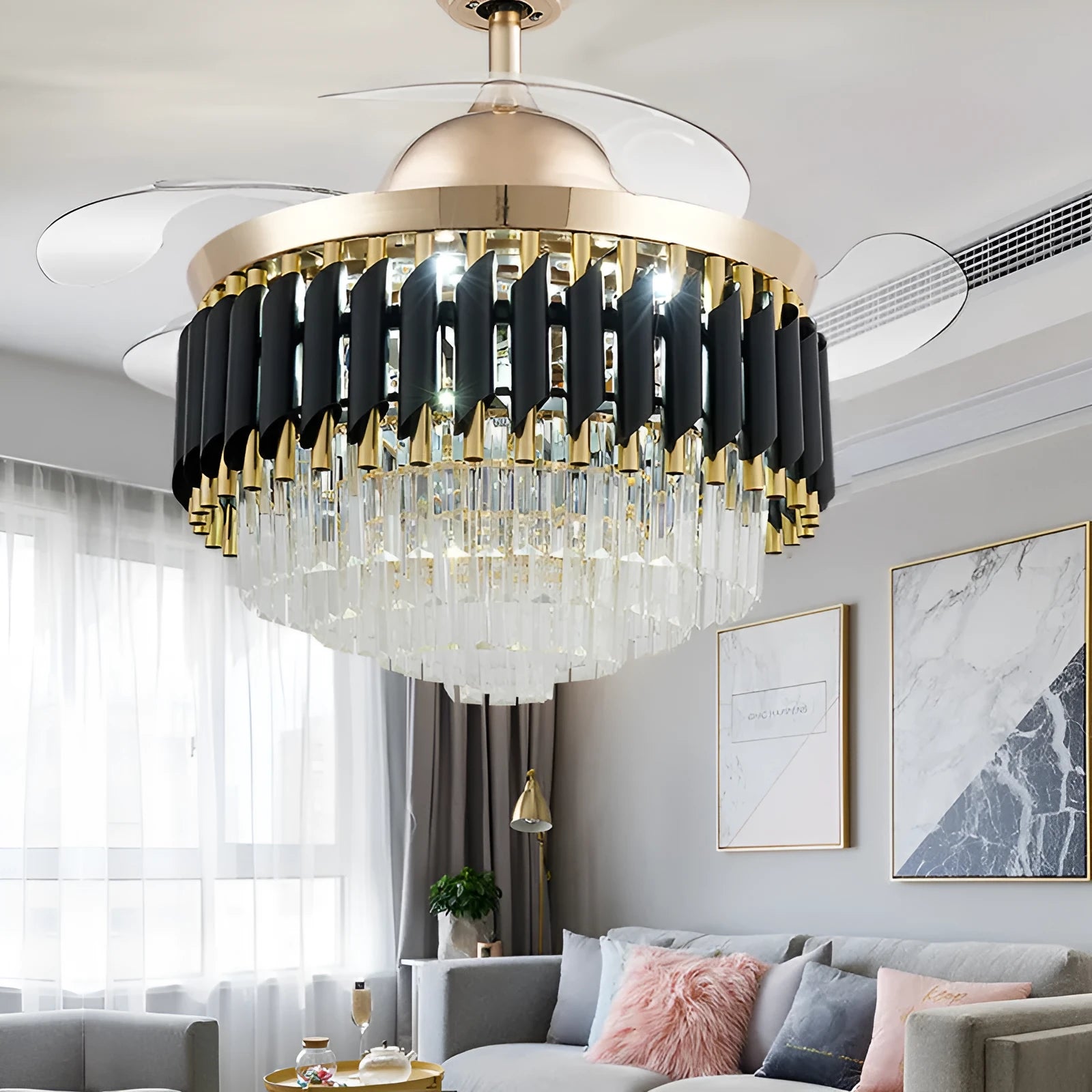 Crystal lampshade ceiling fan light with remote control in 42 inch or 48 inch size options.