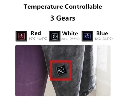 Dark grey USB electric heated plush blanket laid flat, showing controller with single button.