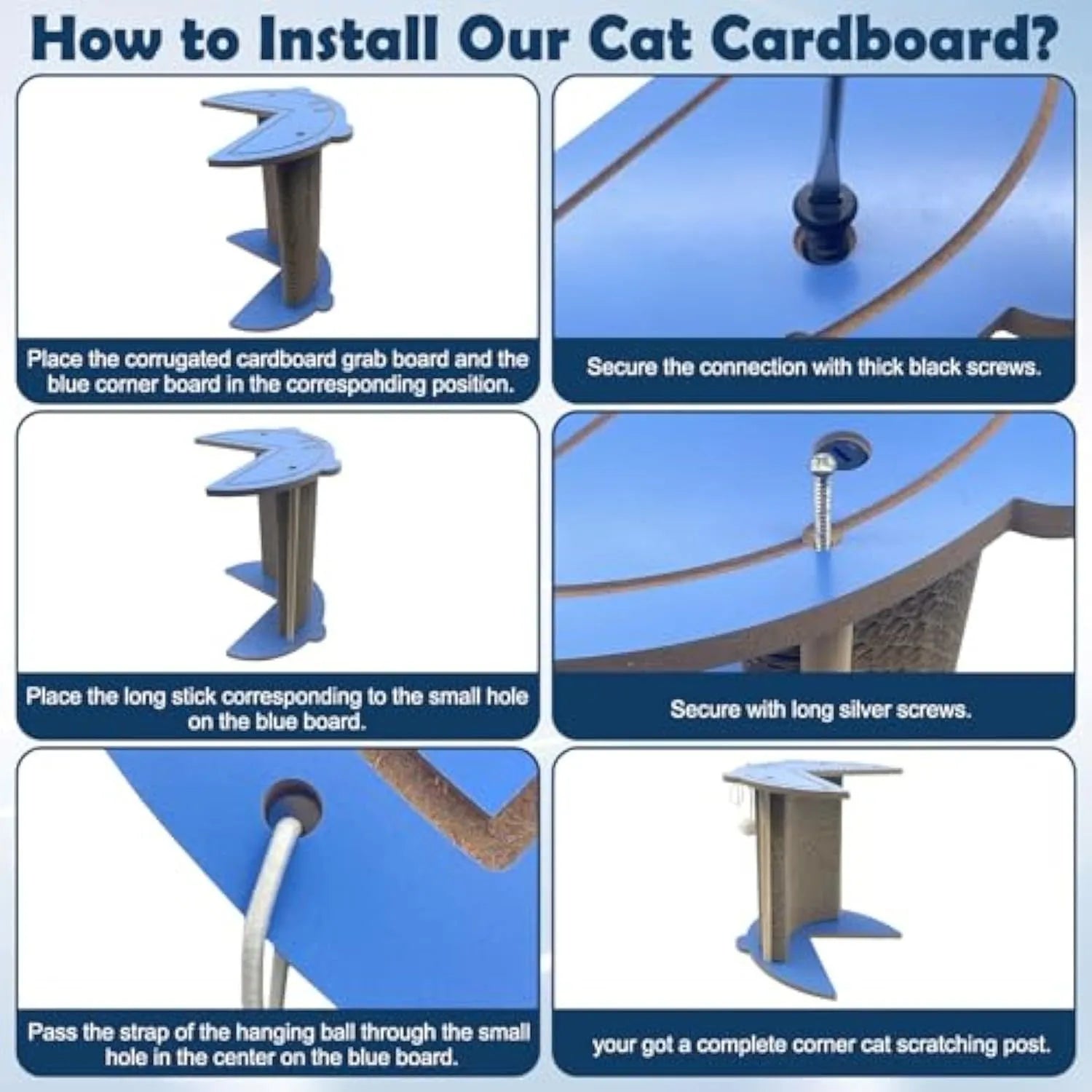 Corner-shaped cardboard cat scratching pad with a hanging blue ball toy attached.