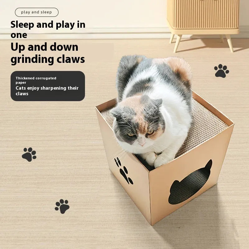 Square corrugated paper cat scratch board with built-in box house in pet milk carton colour
